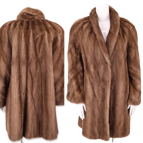 vintage 70s 80s smoky brown chevron mink fur coat M/L - Picture 2 of 9
